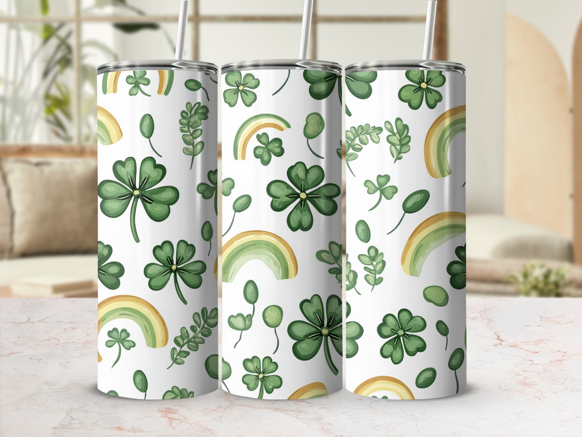 Green shamrocks and rainbow arches pattern on a white tumbler.