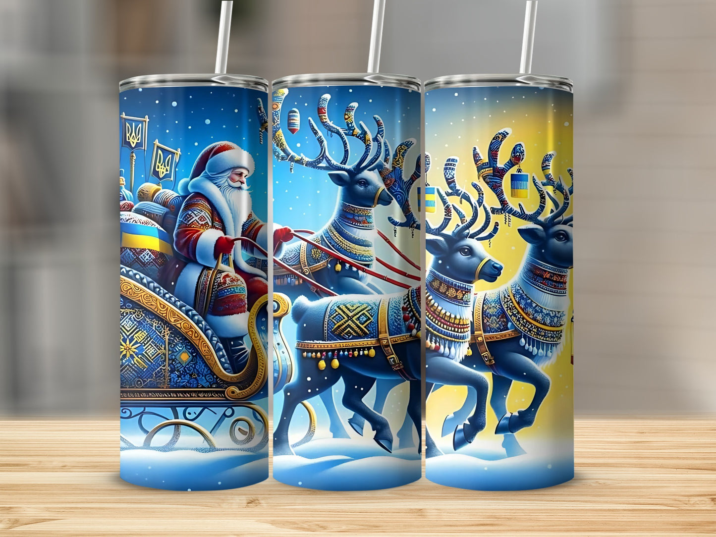 Festive Blue and Yellow Santa and Reindeer Tumbler