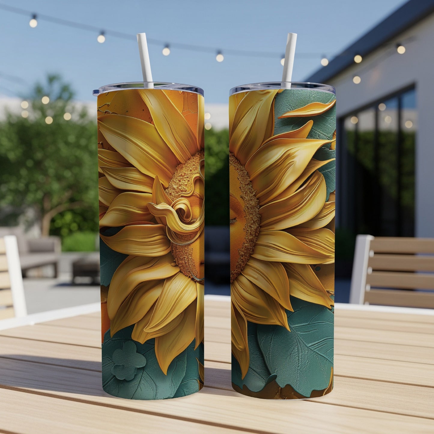 Two tall, narrow tumblers featuring a golden sunflower design.