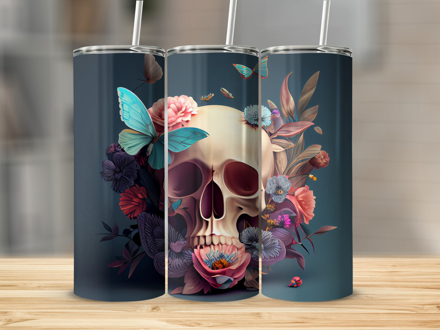Floral Skull Design with Butterflies Tumbler