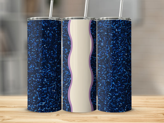 Three blue glitter tumblers with a wavy purple and white design element.