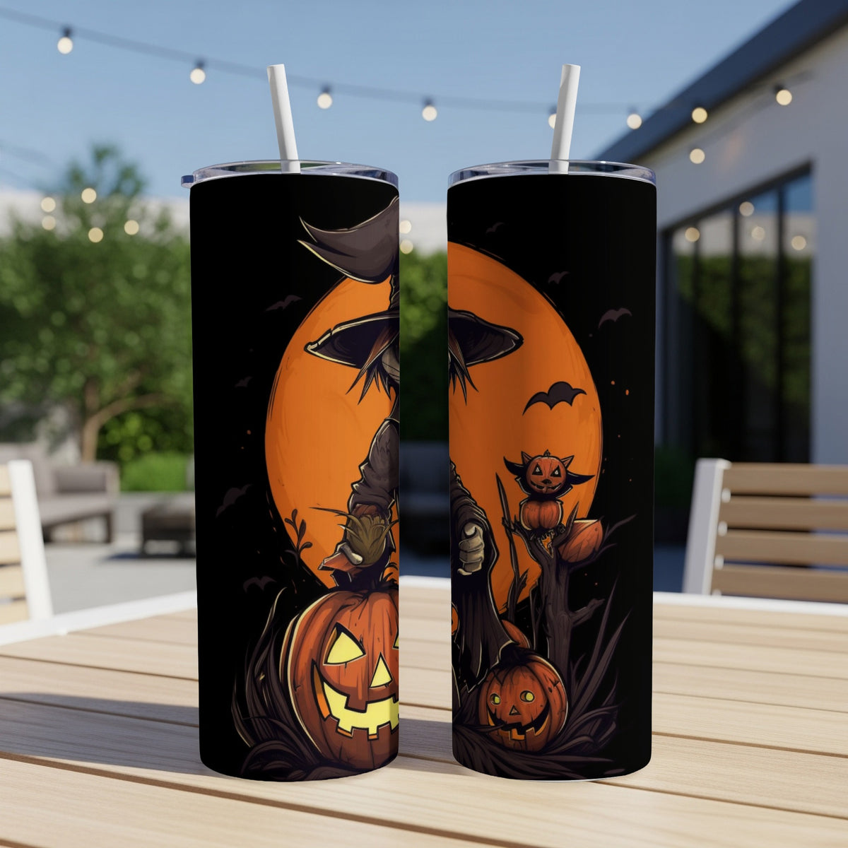 Two tumblers featuring Halloween witches and jack-o'-lanterns against an orange moon.