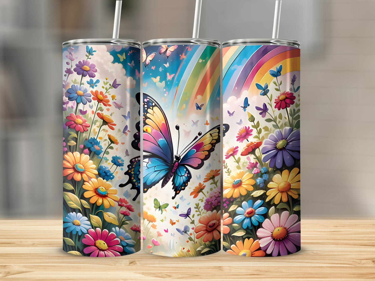 Three tumblers with colorful flowers and butterflies, one featuring a rainbow.