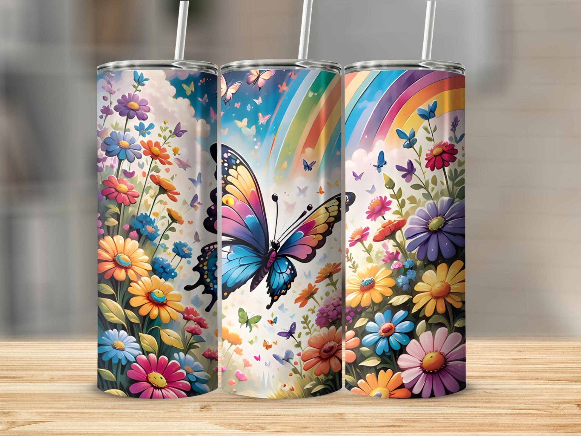 Three tumblers with colorful flowers and butterflies, one featuring a rainbow.
