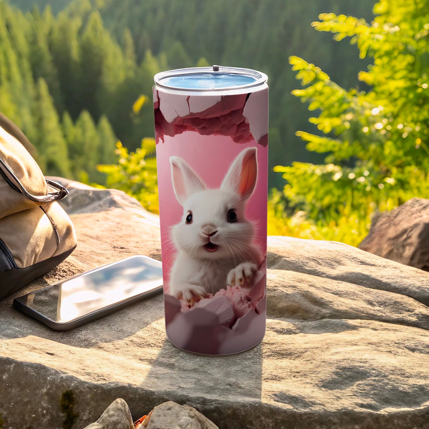 Cute White Bunny with Pink Background Tumbler Design