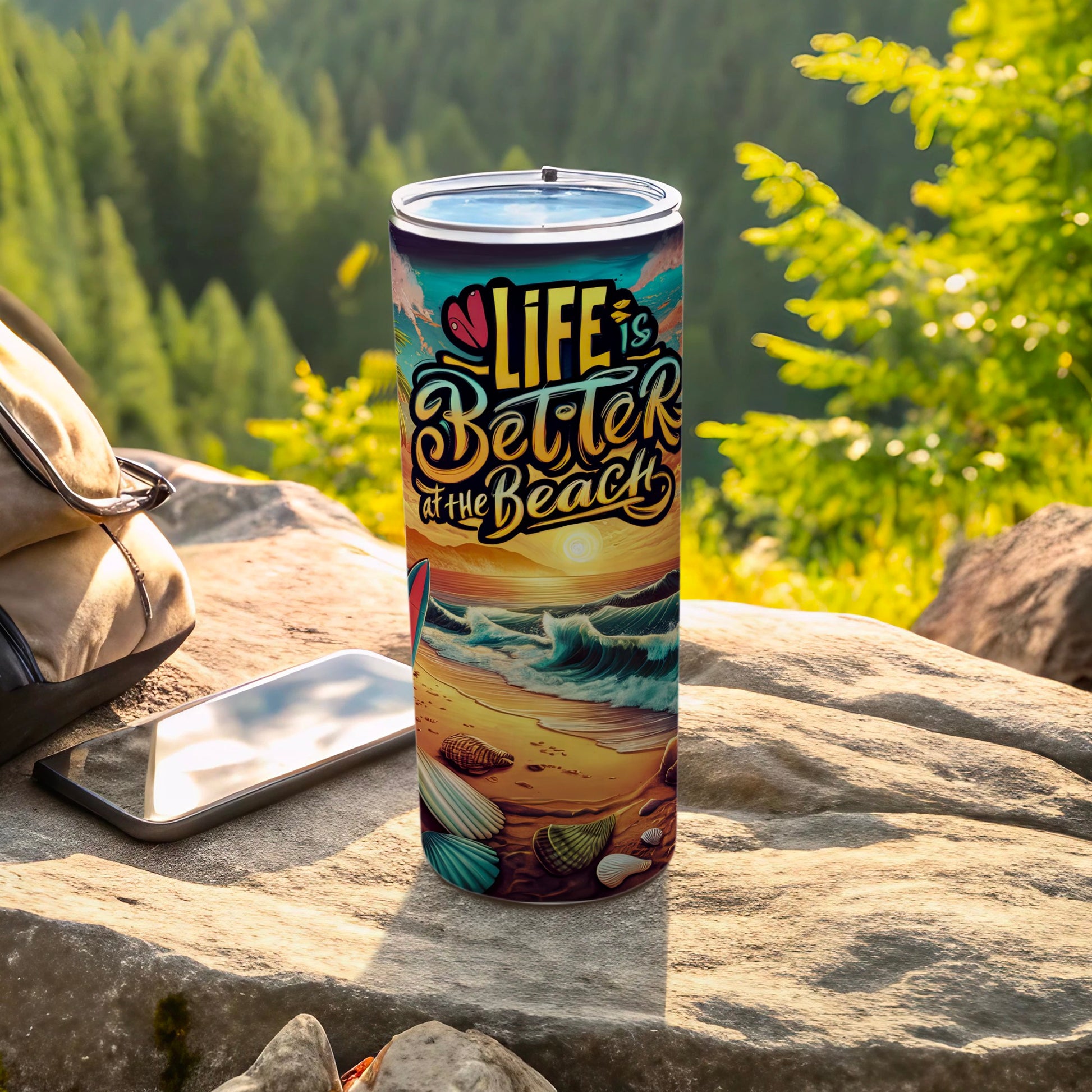 Beach-themed tumbler with "Life is Better at the Beach" text and ocean sunset illustration.