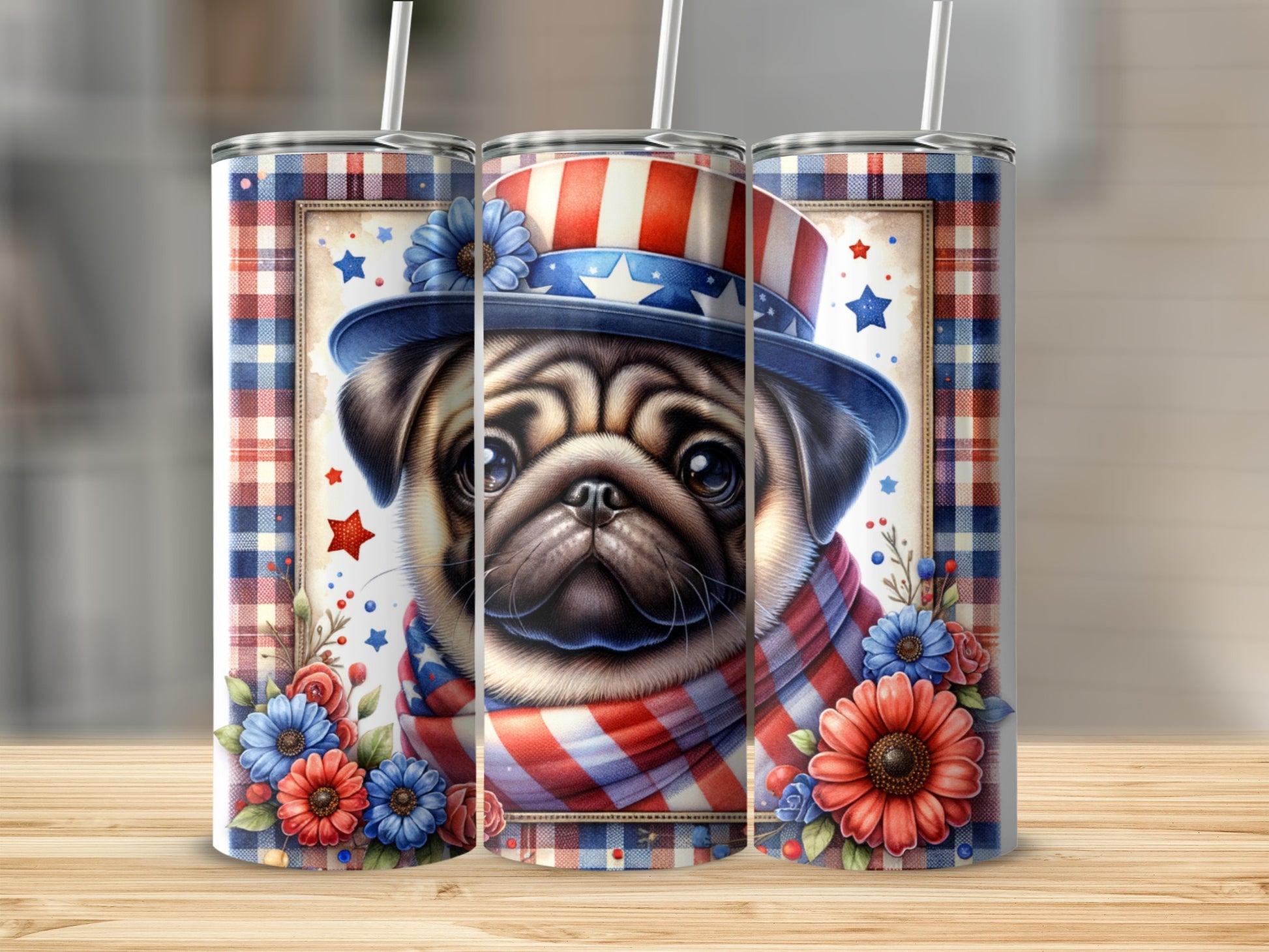 Pug wearing a patriotic hat and scarf with stars and flowers.