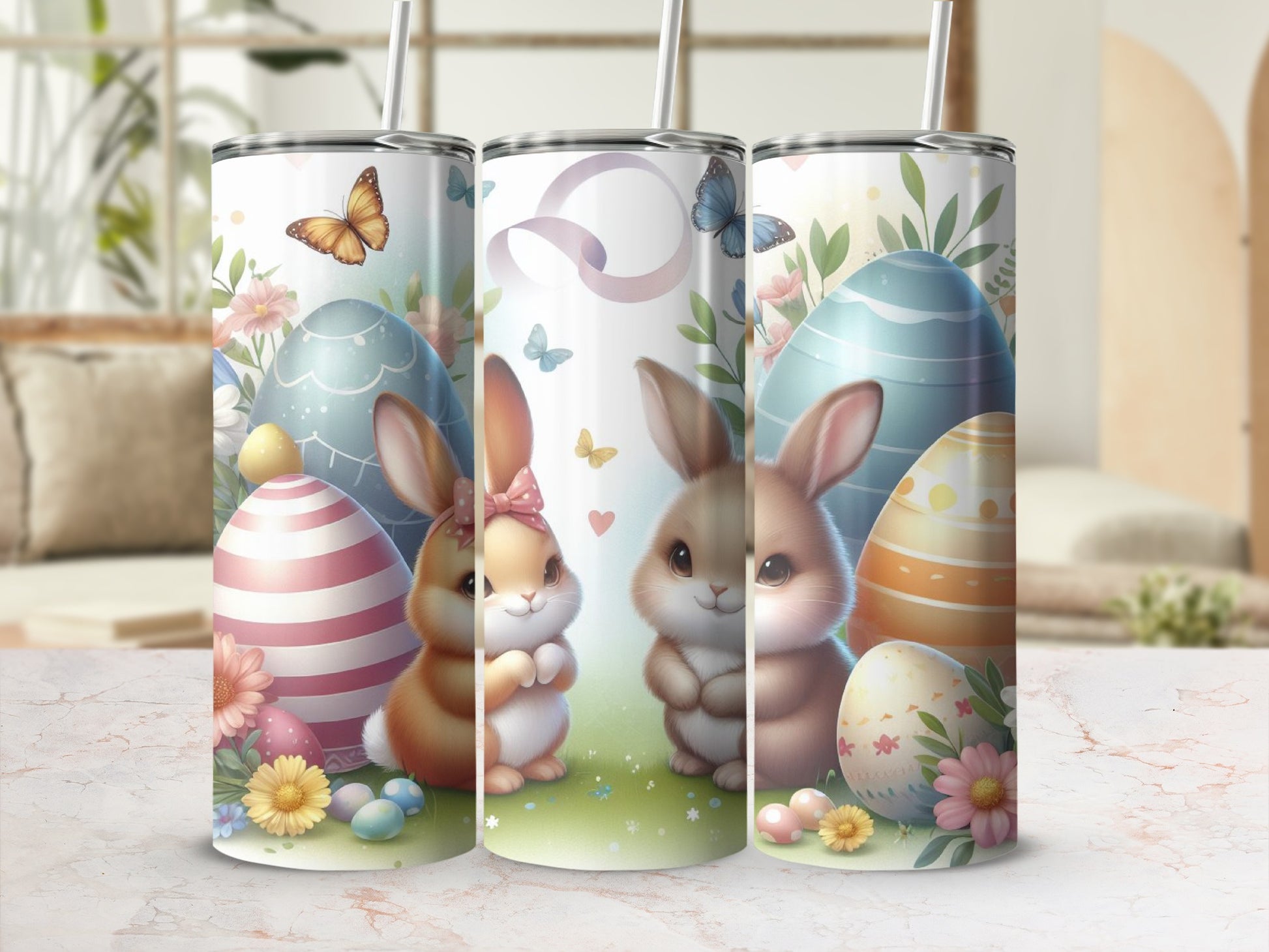 Easter bunnies and decorated eggs with butterflies and flowers on tumblers.