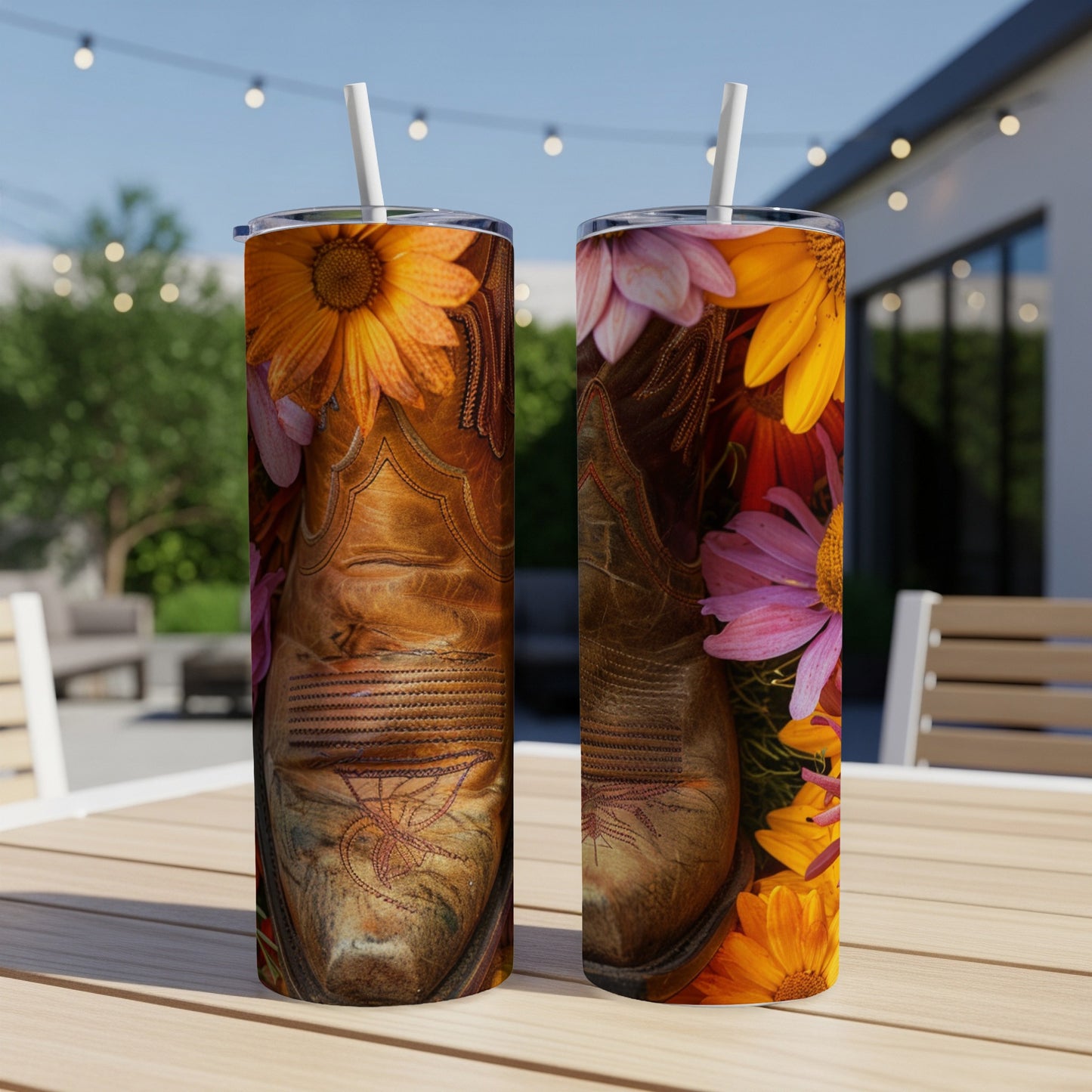 Cowboy boots surrounded by colorful flowers on a tumbler.