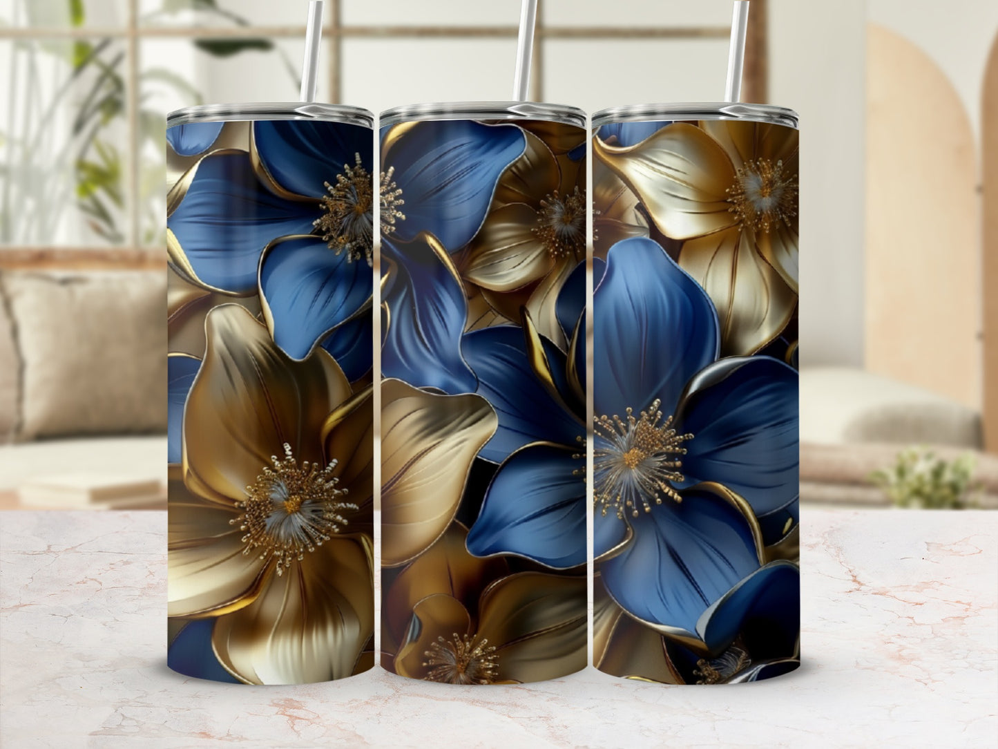 Three blue and gold metallic floral tumblers side-by-side.