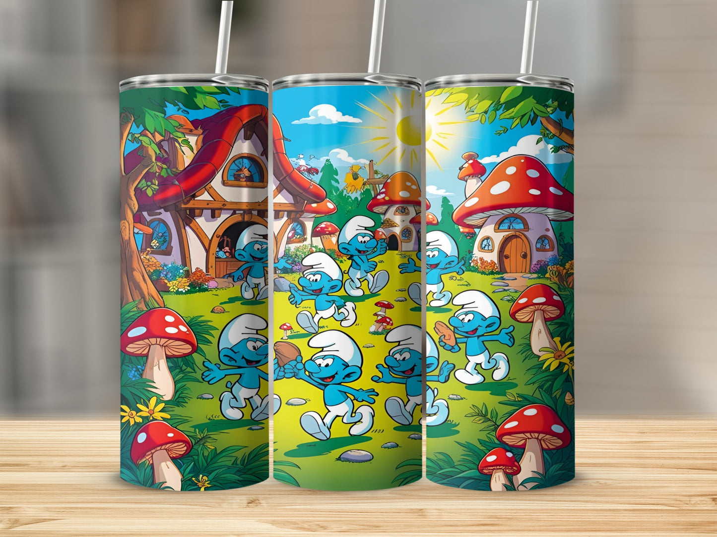 Smurfs walking through a village with mushroom houses.