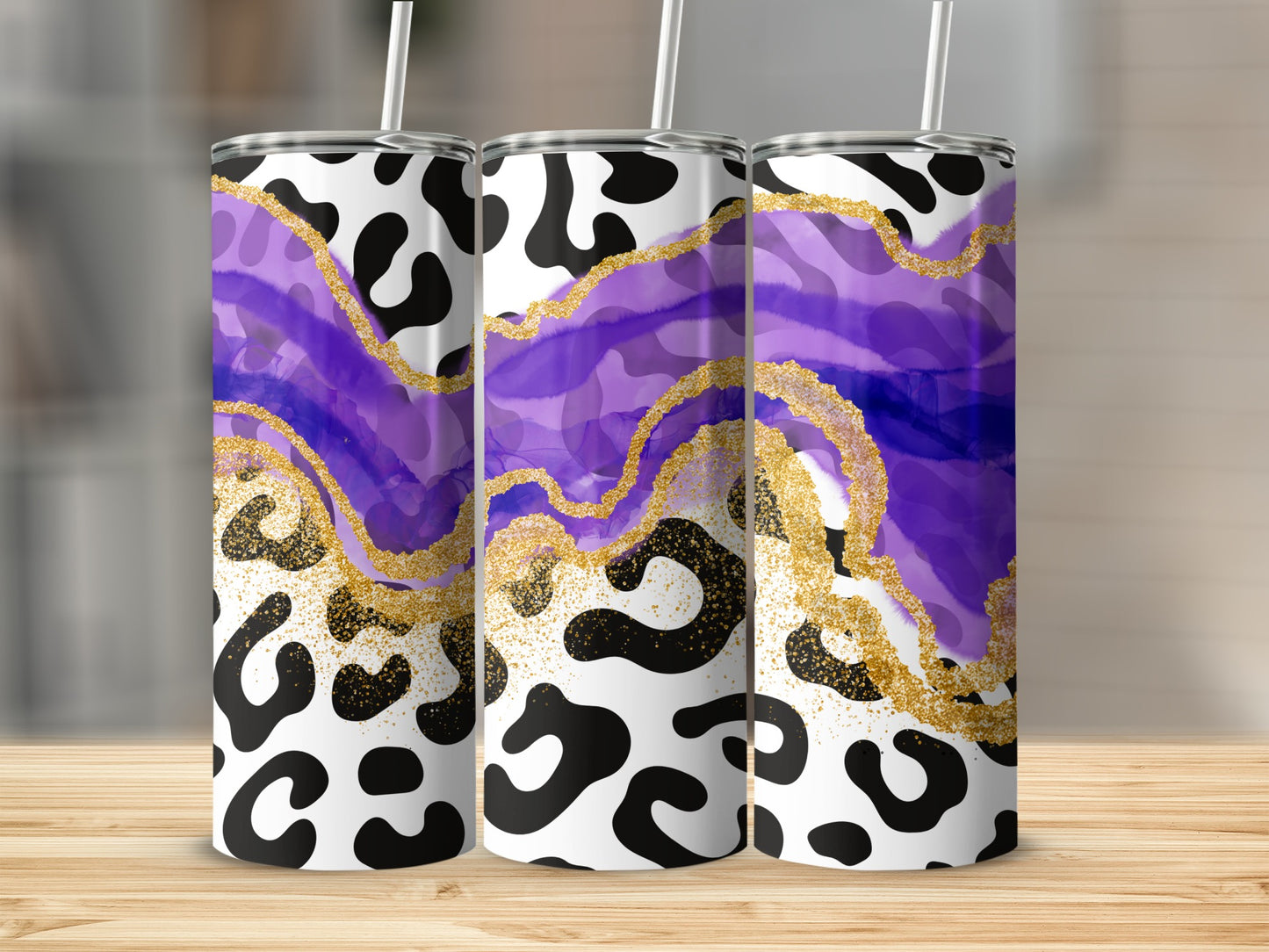Abstract Purple Gold Black White Leopard Tumbler