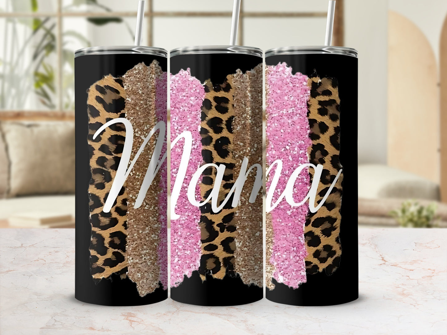 Leopard Print Glitter Pink and Gold Mama Tumbler Cup