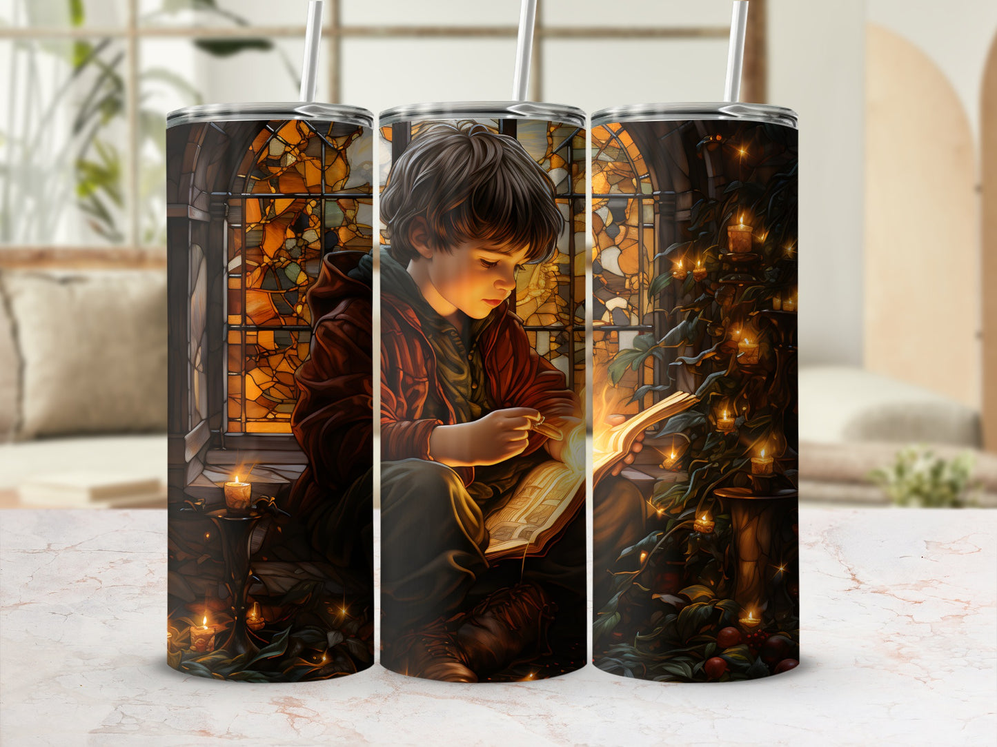 Boy reading by candlelight with stained glass window and holiday greenery.