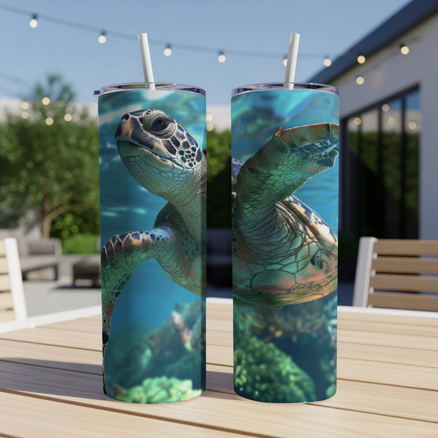 Sea turtle swimming underwater on a skinny tumbler with a textured background.