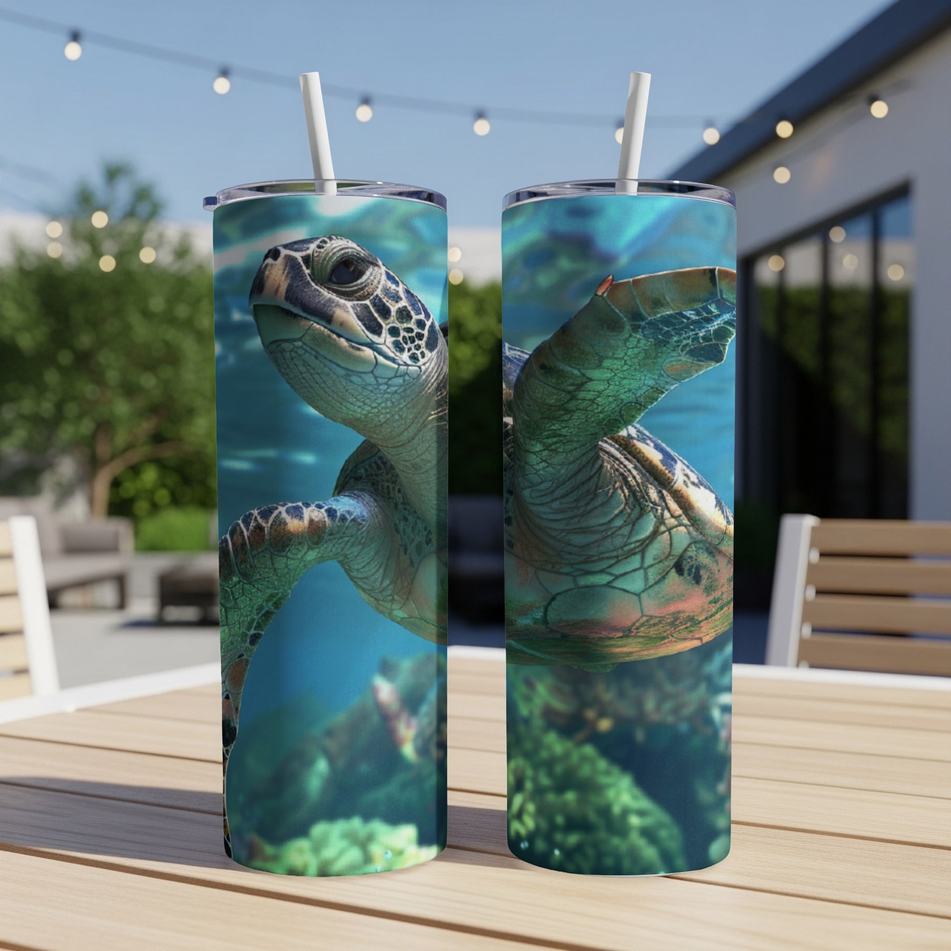 Sea turtle swimming underwater on a skinny tumbler with a textured background.