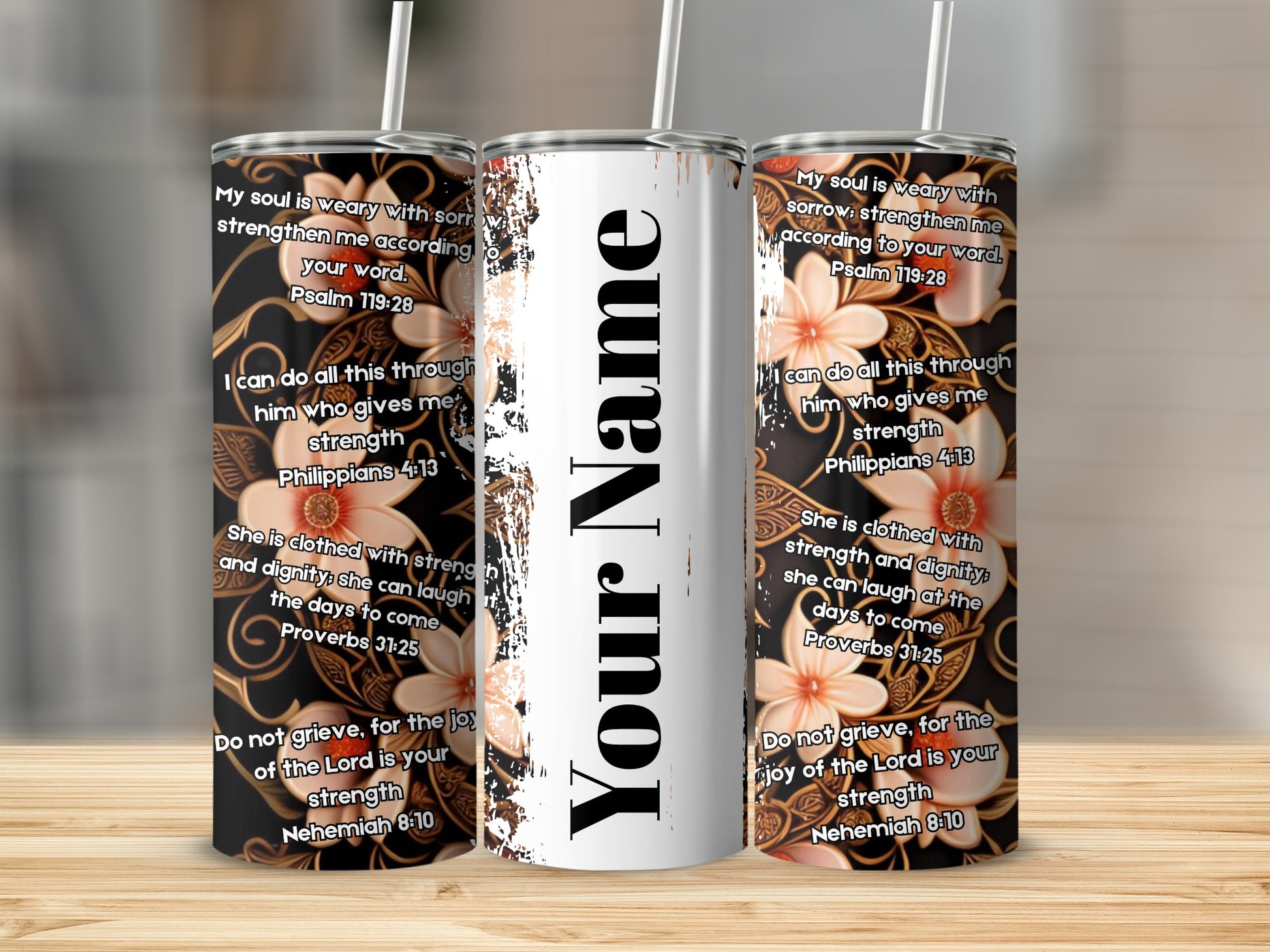 Inspirational Scripture Floral Design Tumbler with Straw