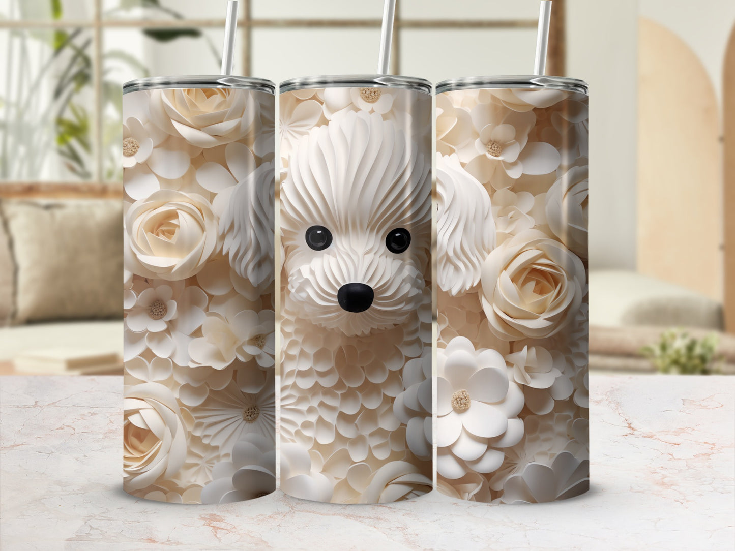 White Shih Tzu dog with floral background on three tumblers.
