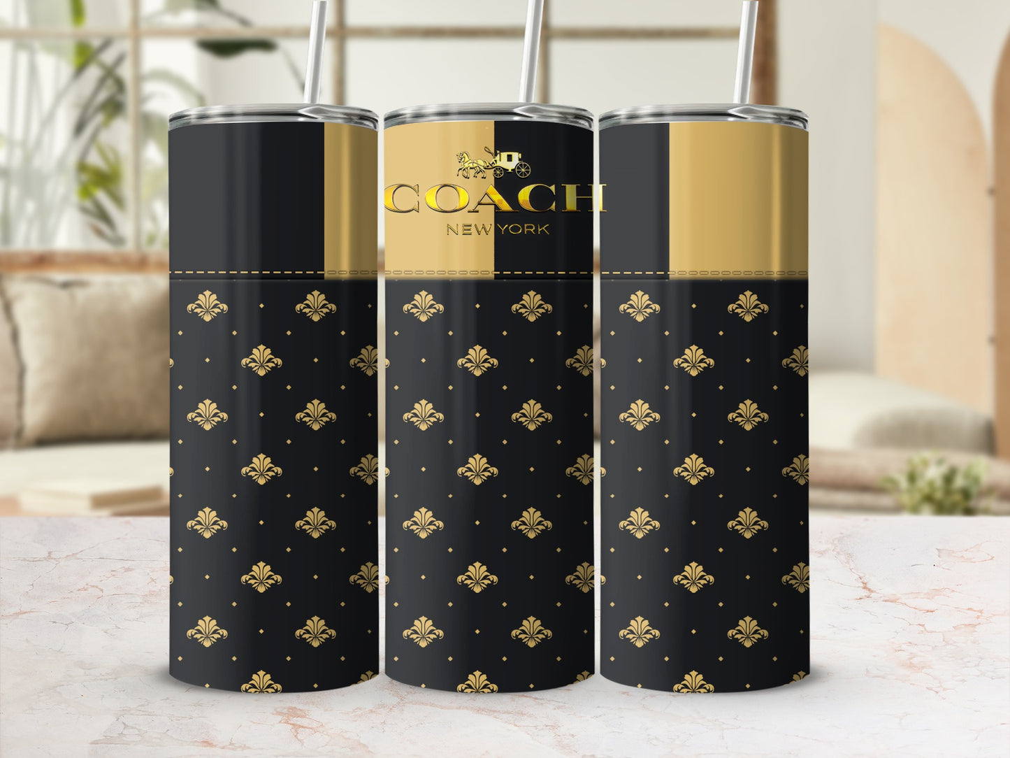 Coach New York tumbler with black and gold damask pattern.