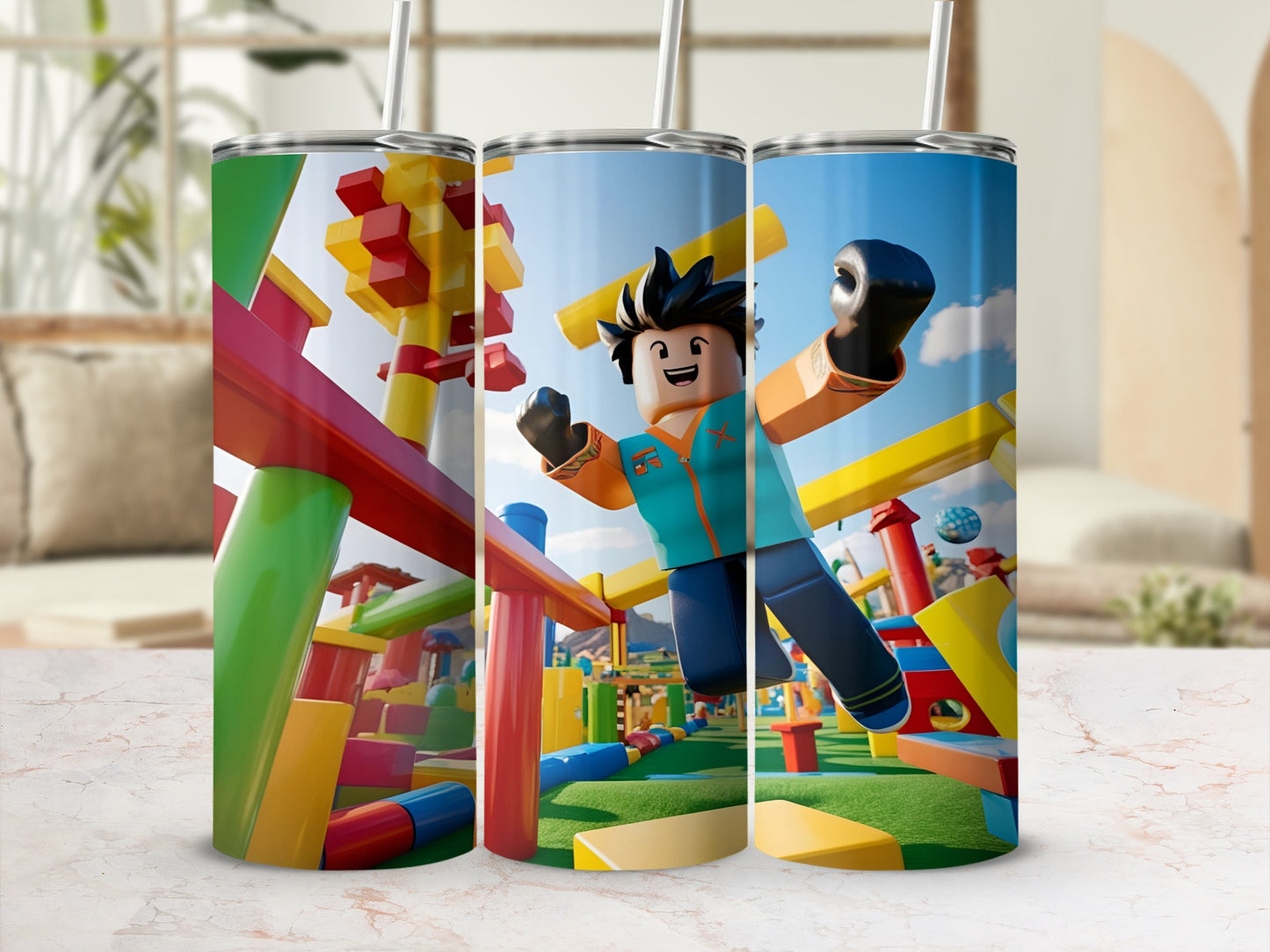 Roblox character in vibrant, colorful virtual world, jumping with excitement.