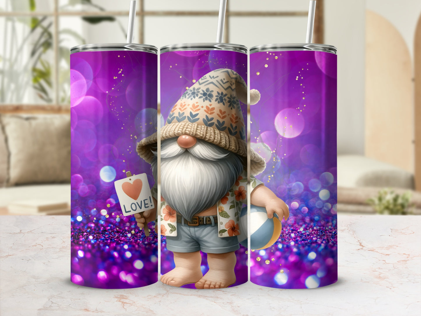 Cute Gnome with LOVE Sign on Glitter Background Tumbler