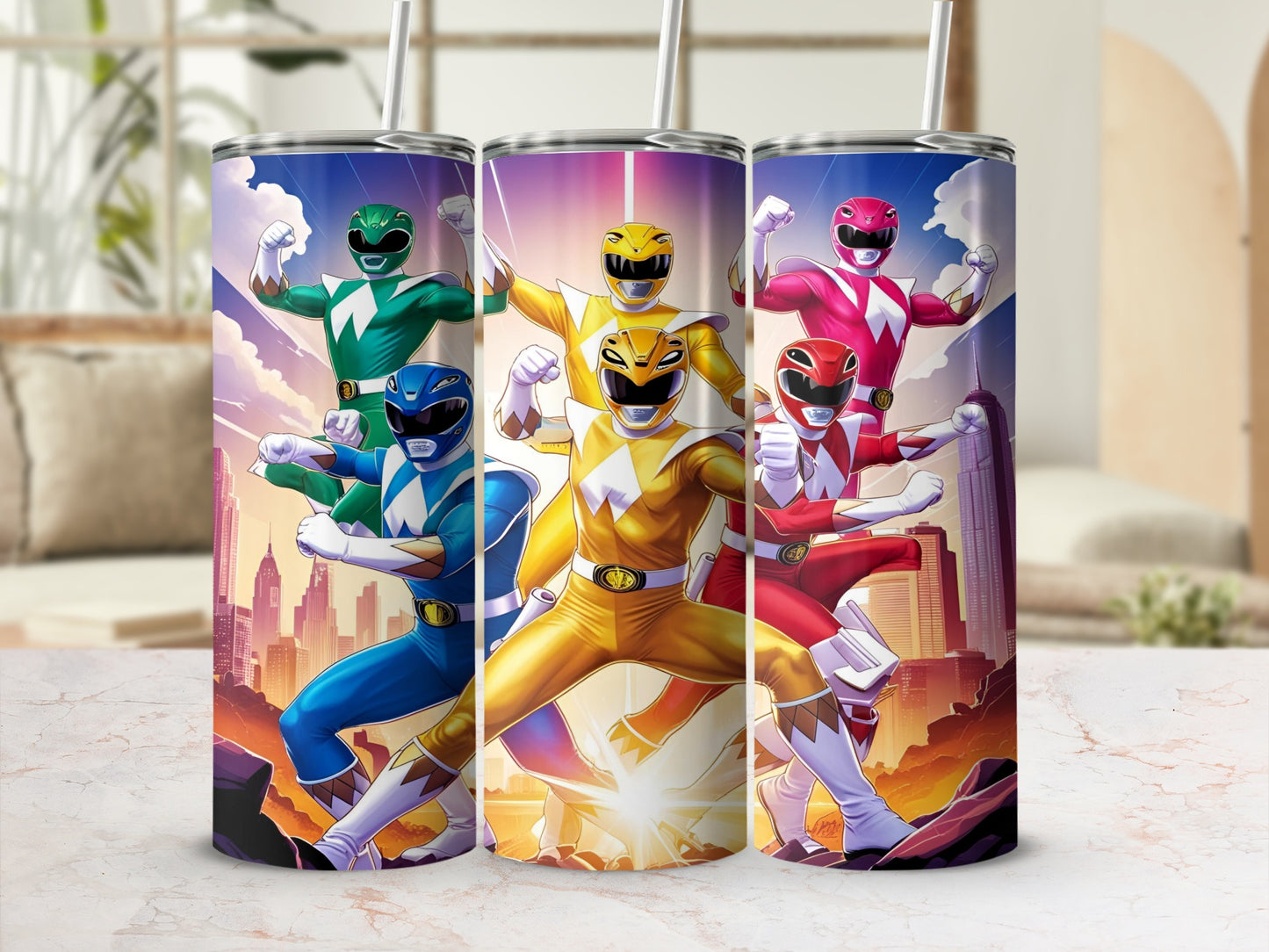 Power Rangers rangers in battle poses against a city skyline.