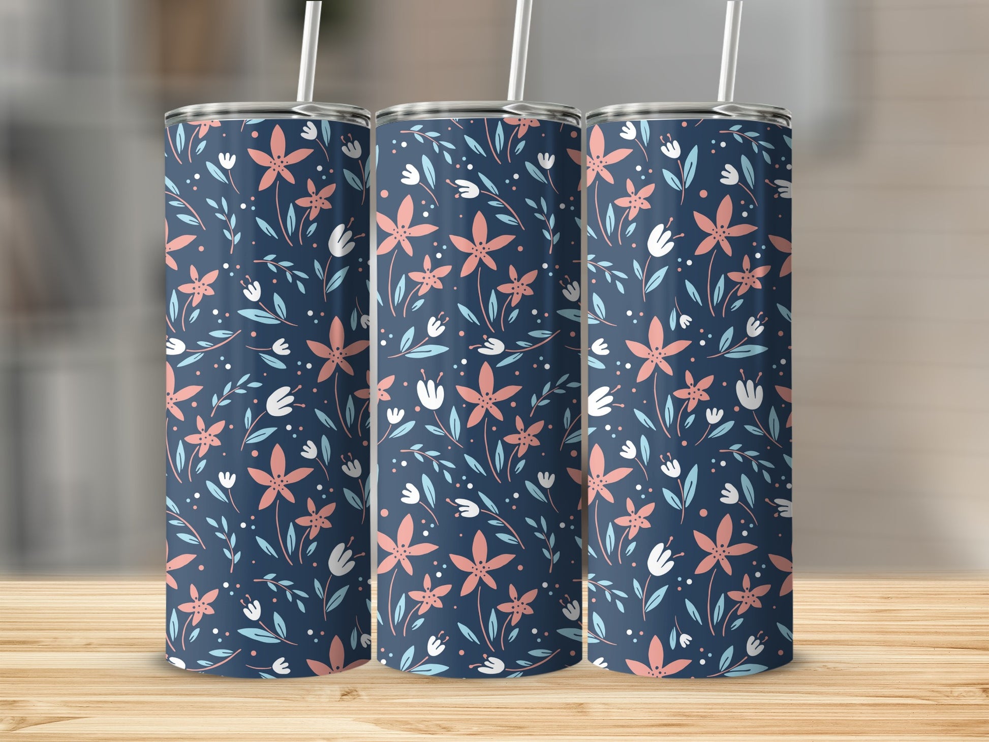 Blue Floral Patterned Tall Drinkware Tumbler
