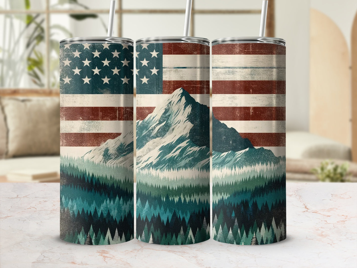 American flag tumbler with mountain and forest graphic.