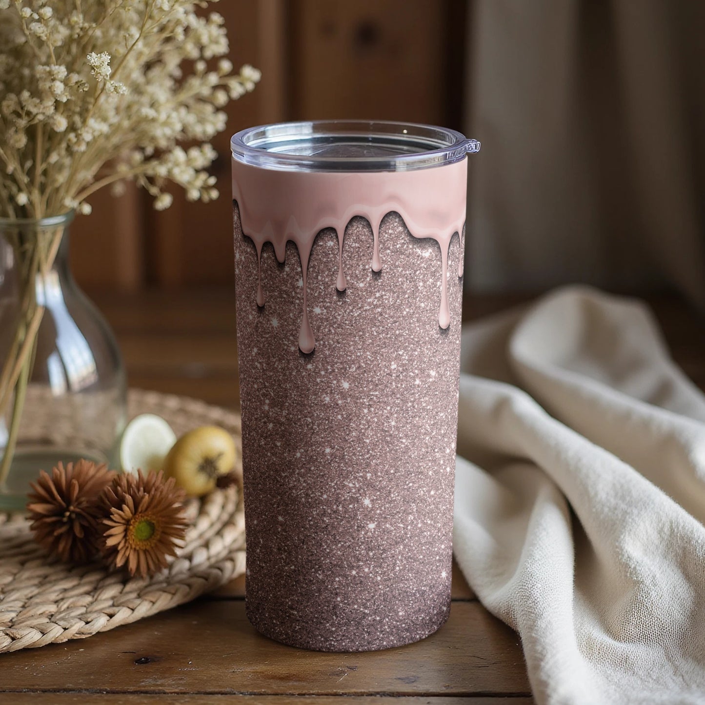 Glittery Dripping Pink and Brown Tumbler Drinking Accessory