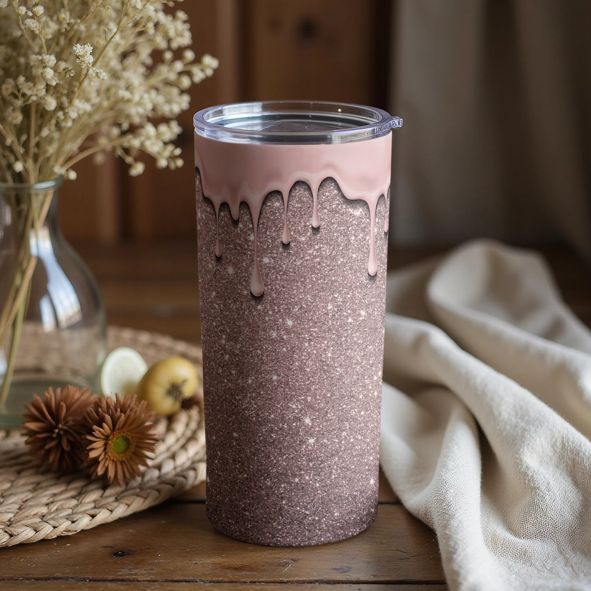 Glittery Dripping Pink and Brown Tumbler Drinking Accessory