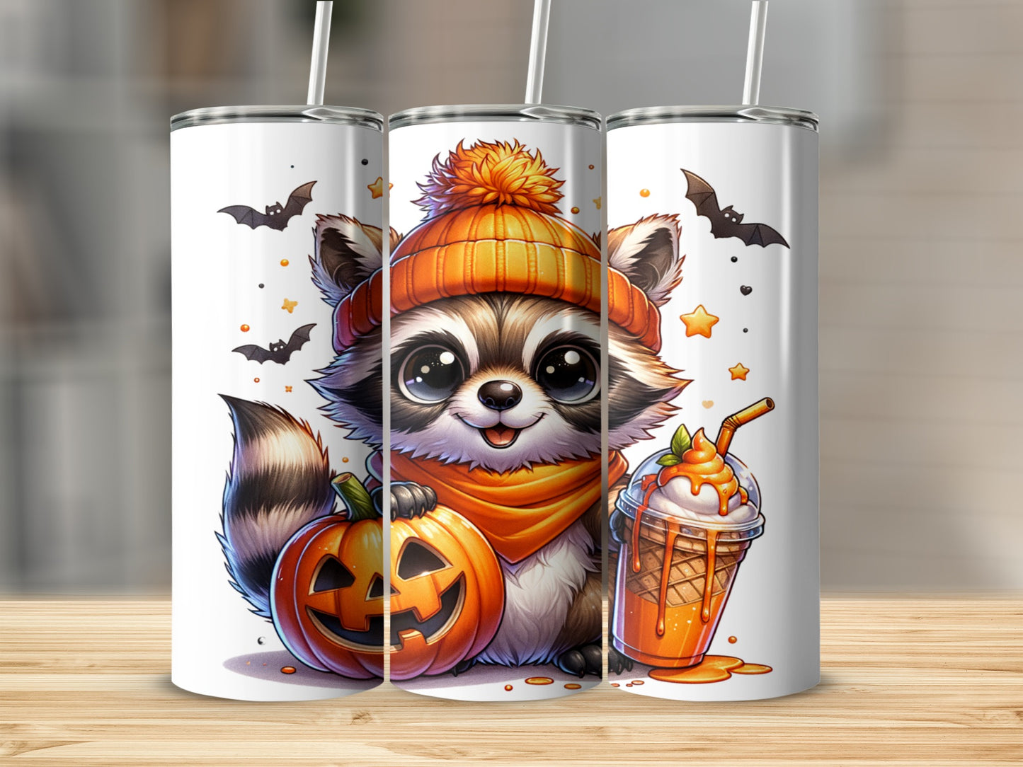 Cute raccoon wearing a beanie with pumpkin and a caramel drink.