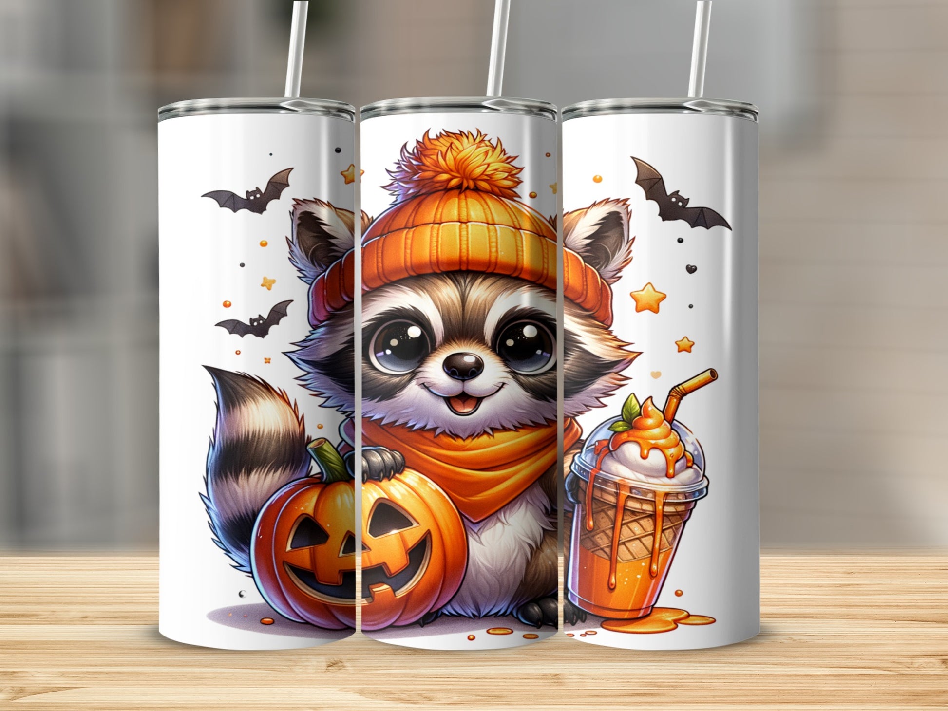 Cute raccoon wearing a beanie with pumpkin and a caramel drink.