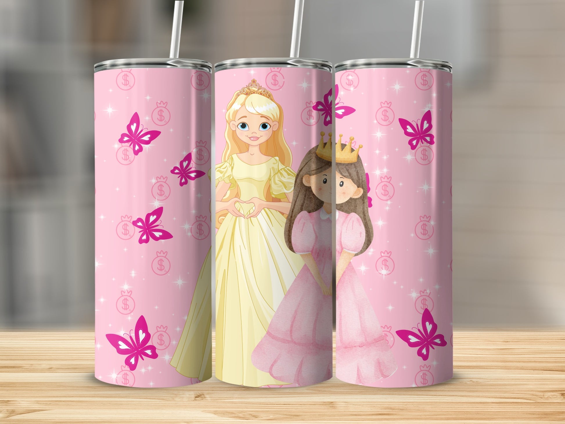 Pink Princess and Butterflies Design Tumbler Cup