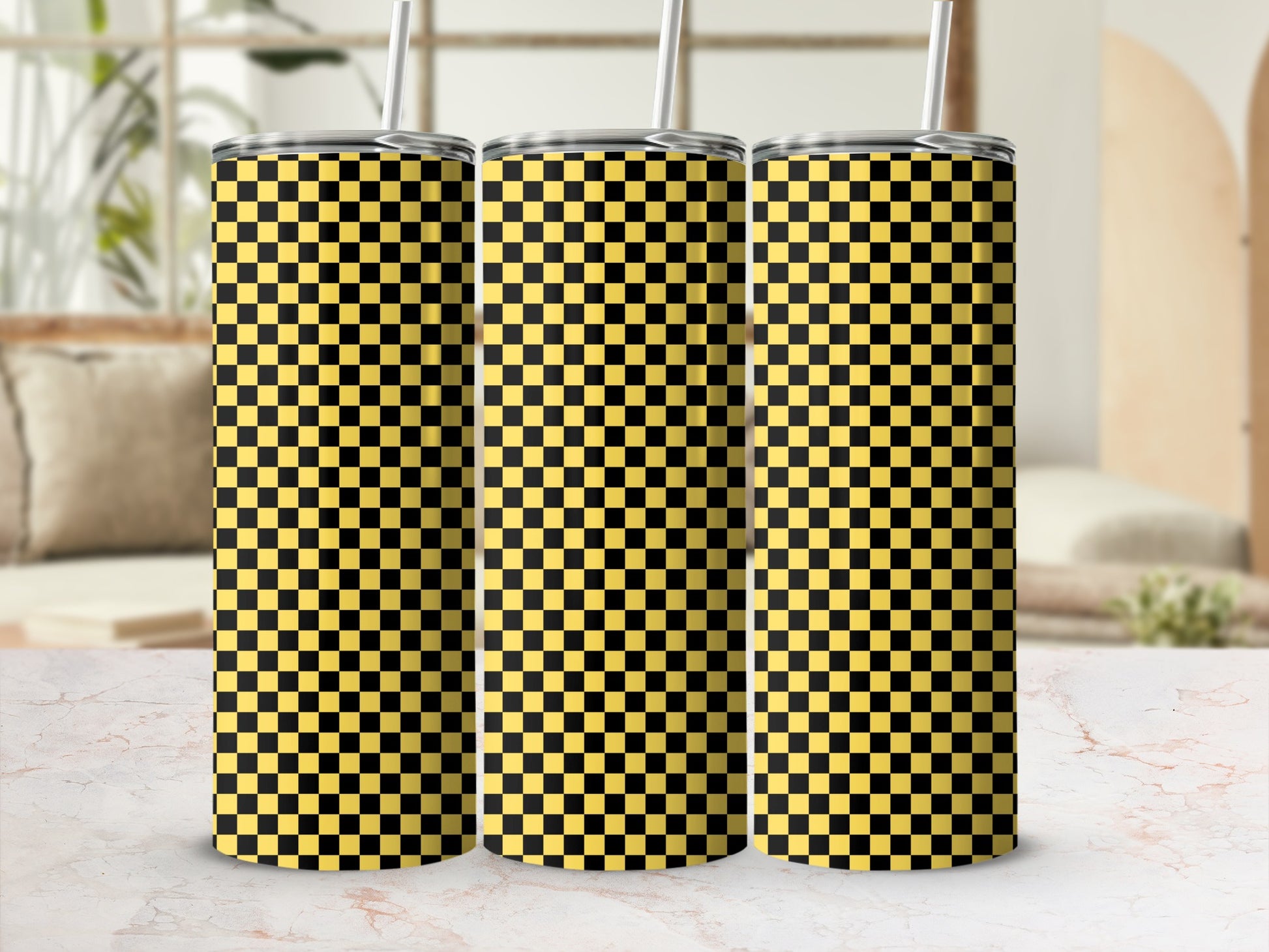 Three tumblers with a black and yellow checkerboard pattern.