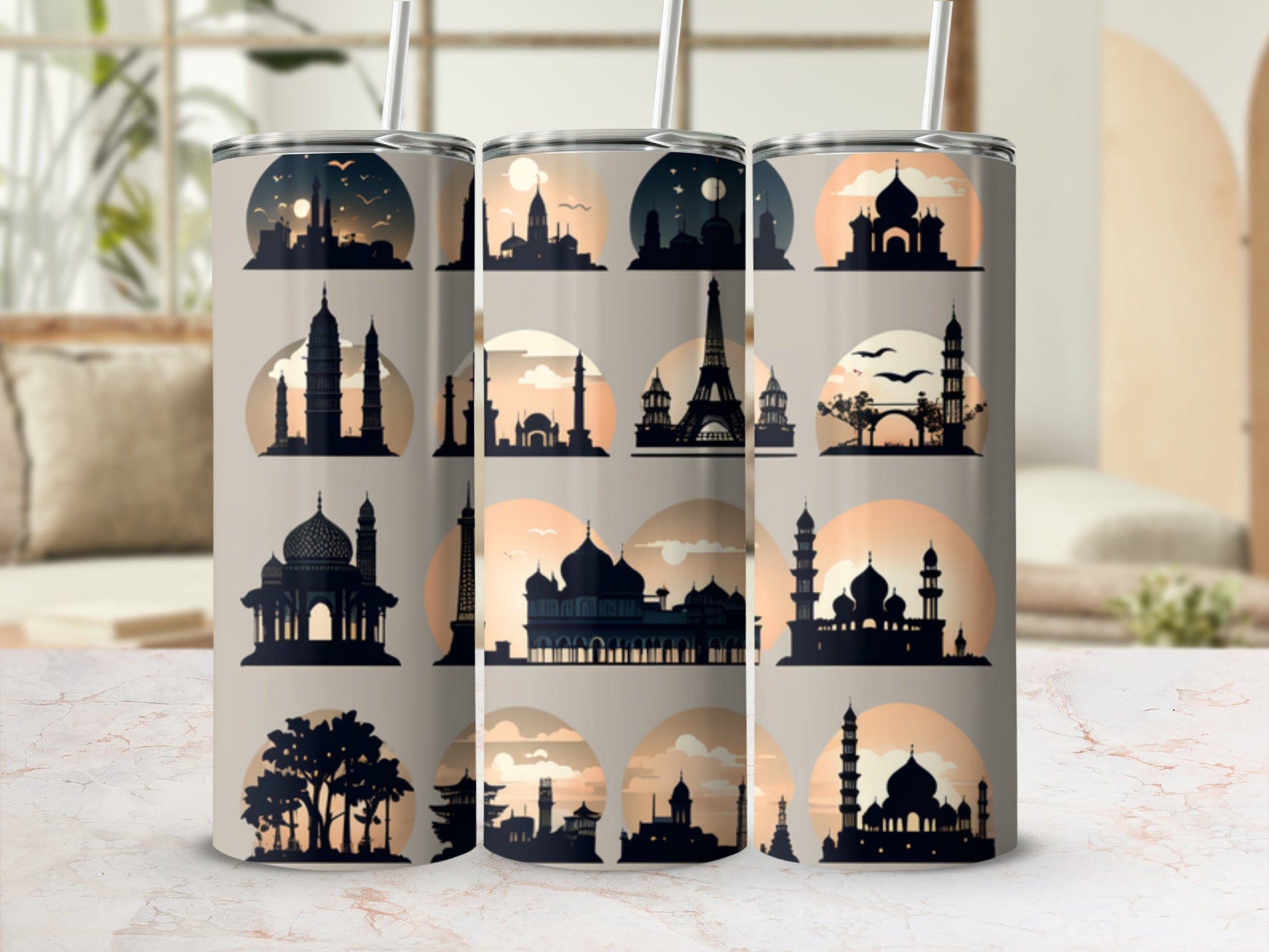 Tall tumbler with silhouettes of famous landmarks and cityscapes.