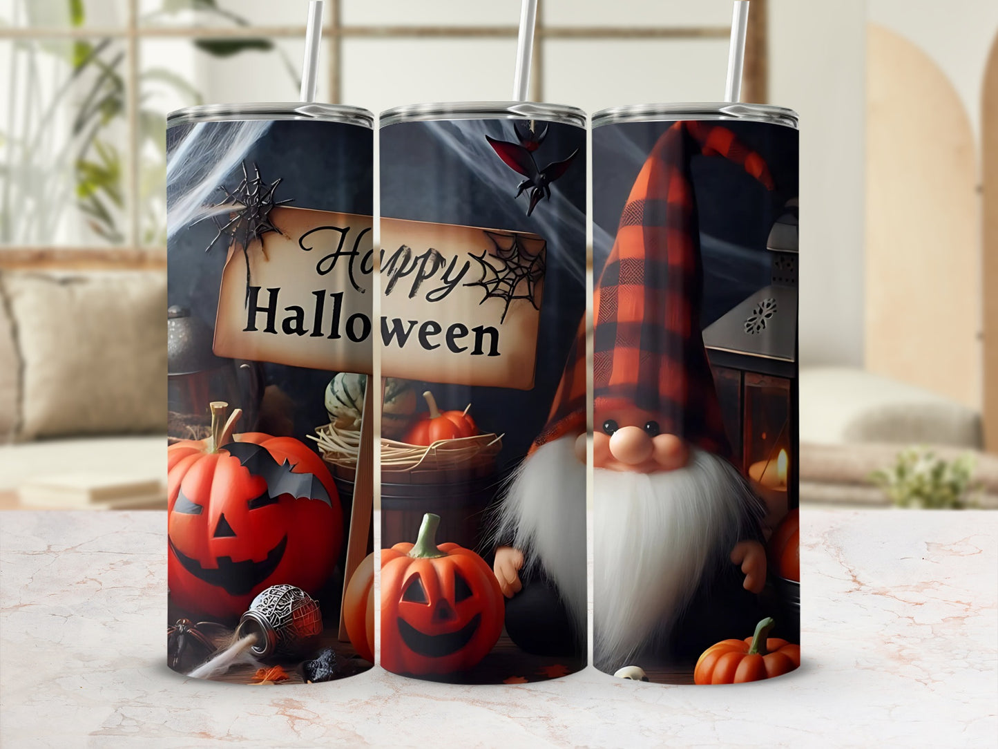 Tumblers with pumpkins, spiders, and a gnome design for Halloween.