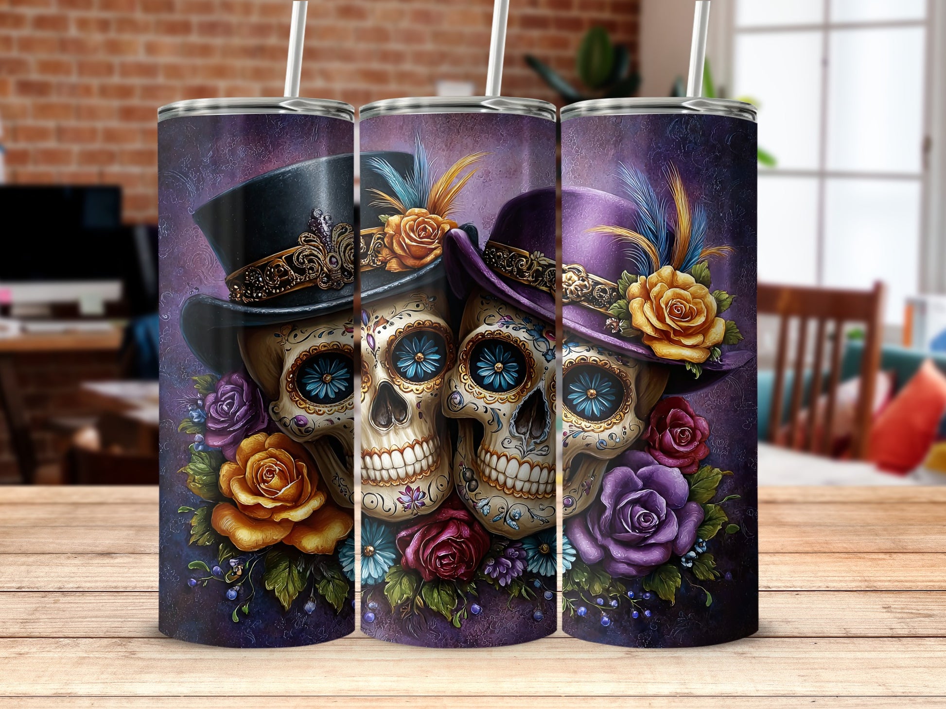 Festive Skull Tumbler with Elegant Hat and Floral Design