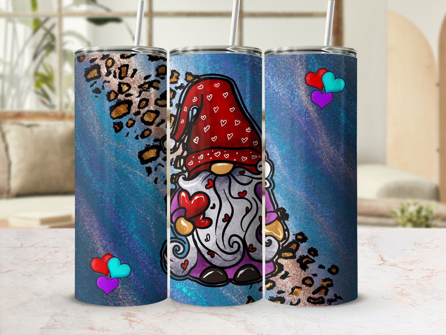 Gnome holding hearts with leopard print and glitter background.