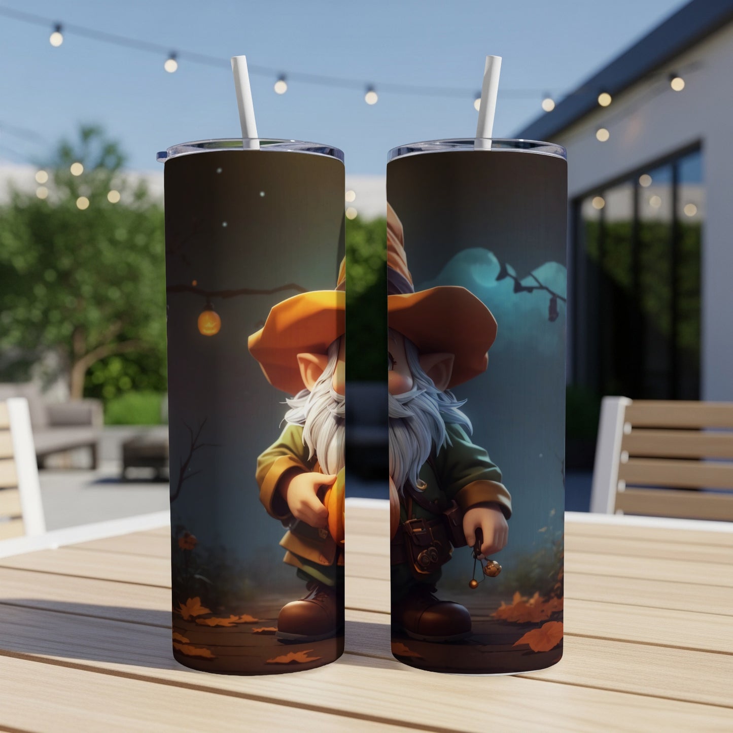Two tumblers show a gnome in a hat holding a pumpkin and a charm.