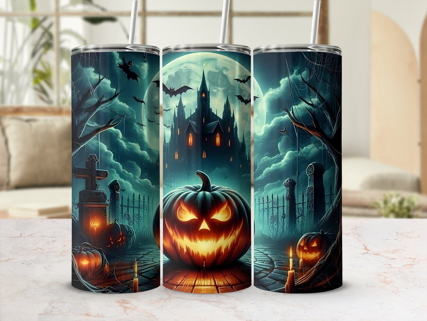 Halloween tumblers feature a creepy castle, bats, jack-o'-lanterns, and a full moon.
