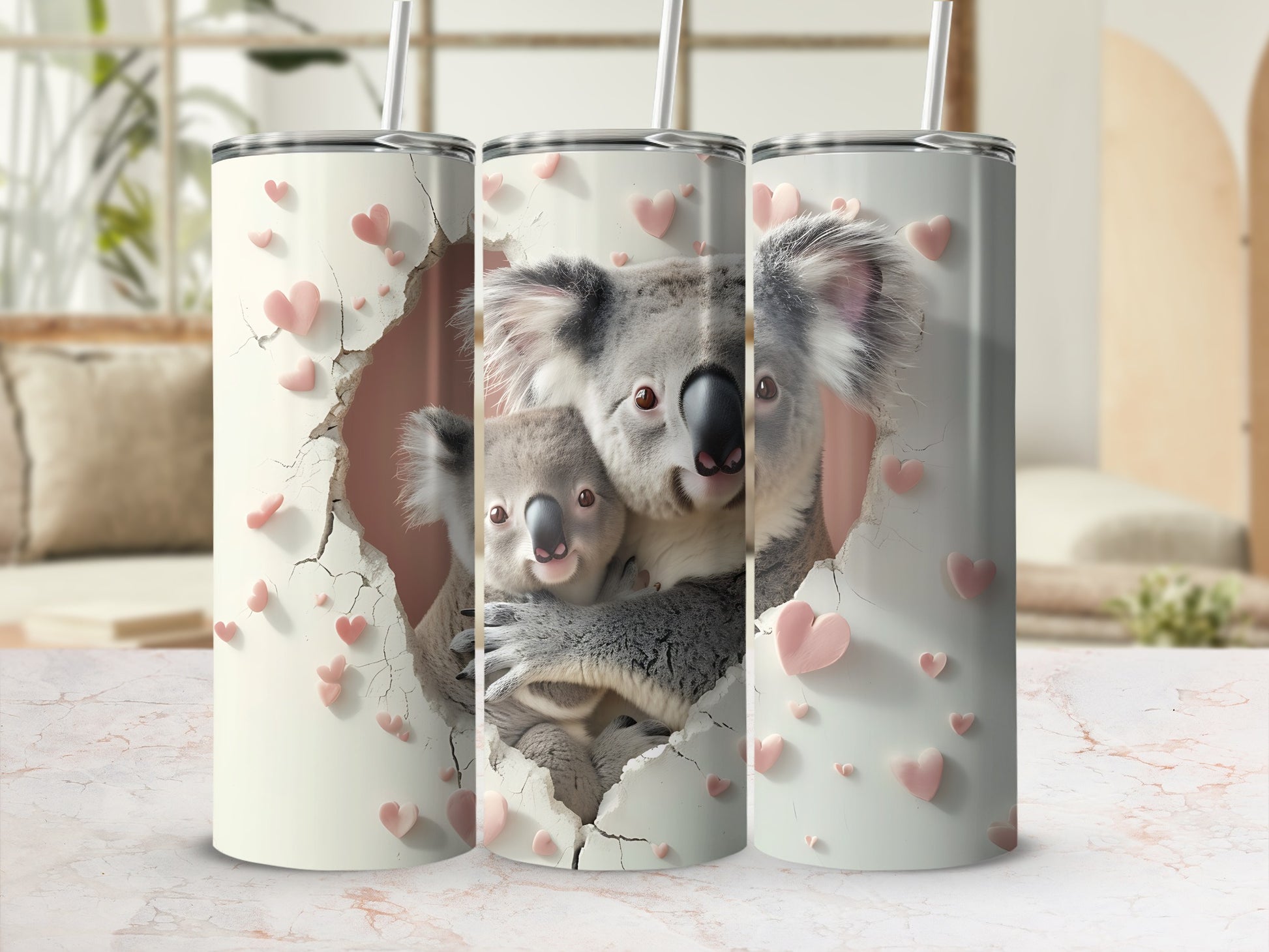 Koala family peeking through a heart-shaped crack on a tumbler.