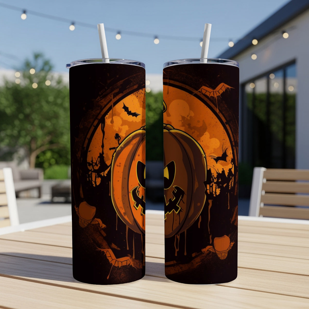 Two tumblers with a spooky jack-o'-lantern and bat Halloween design.