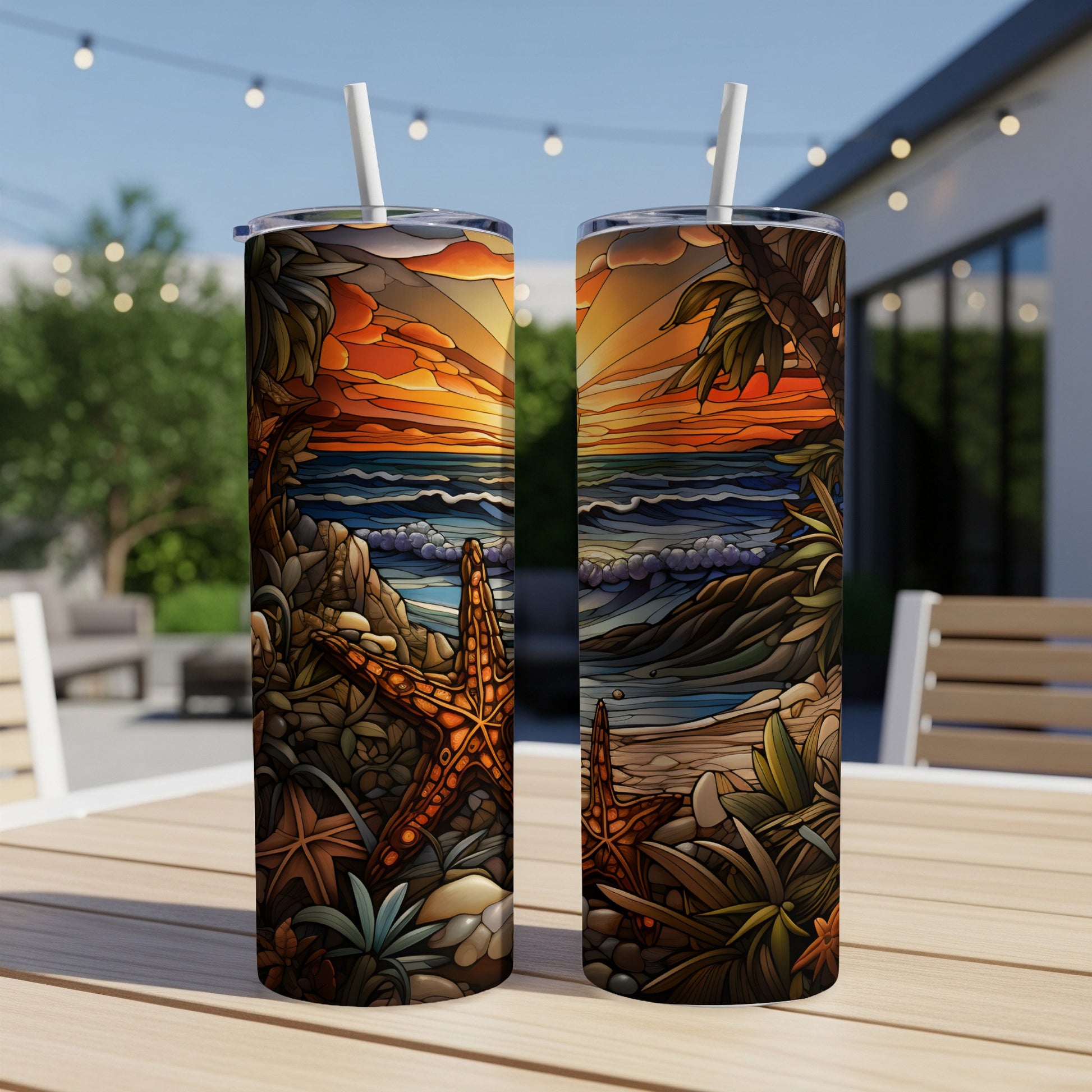 Two tumblers featuring a vibrant beach sunset with starfish and palm trees.