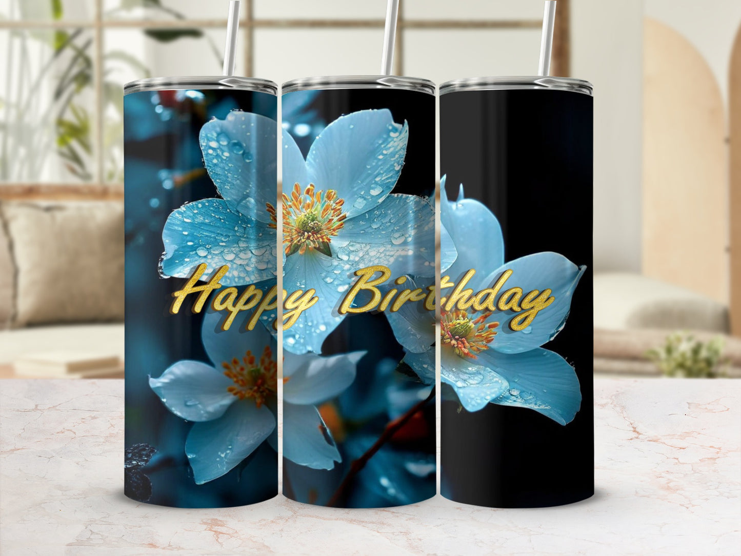 Tumbler with blue flowers and "Happy Birthday" text.