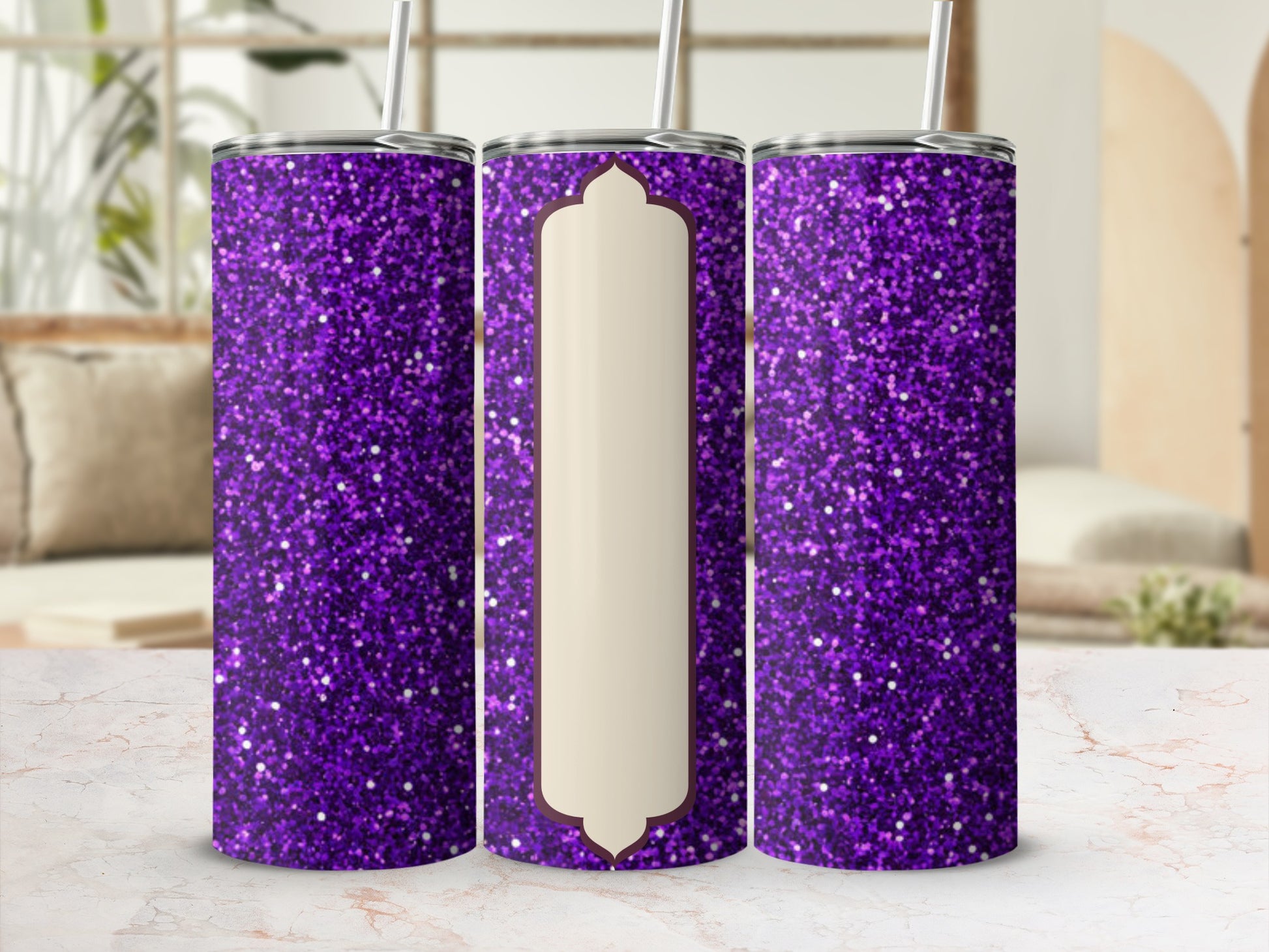 Glittering purple tumbler with a cream-colored label in the center.