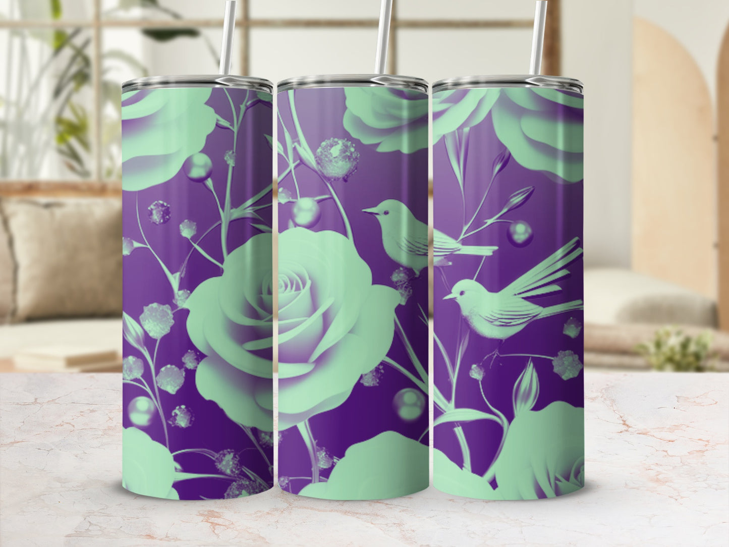 Purple tumbler with mint green roses, birds, and floral accents.