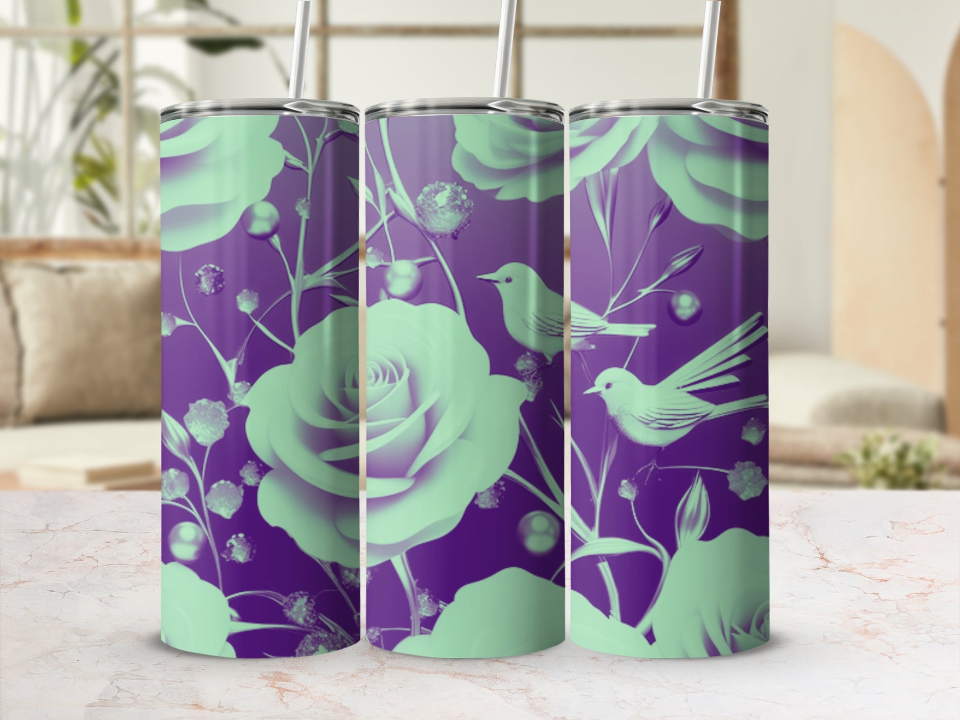 Purple tumbler with mint green roses, birds, and floral accents.