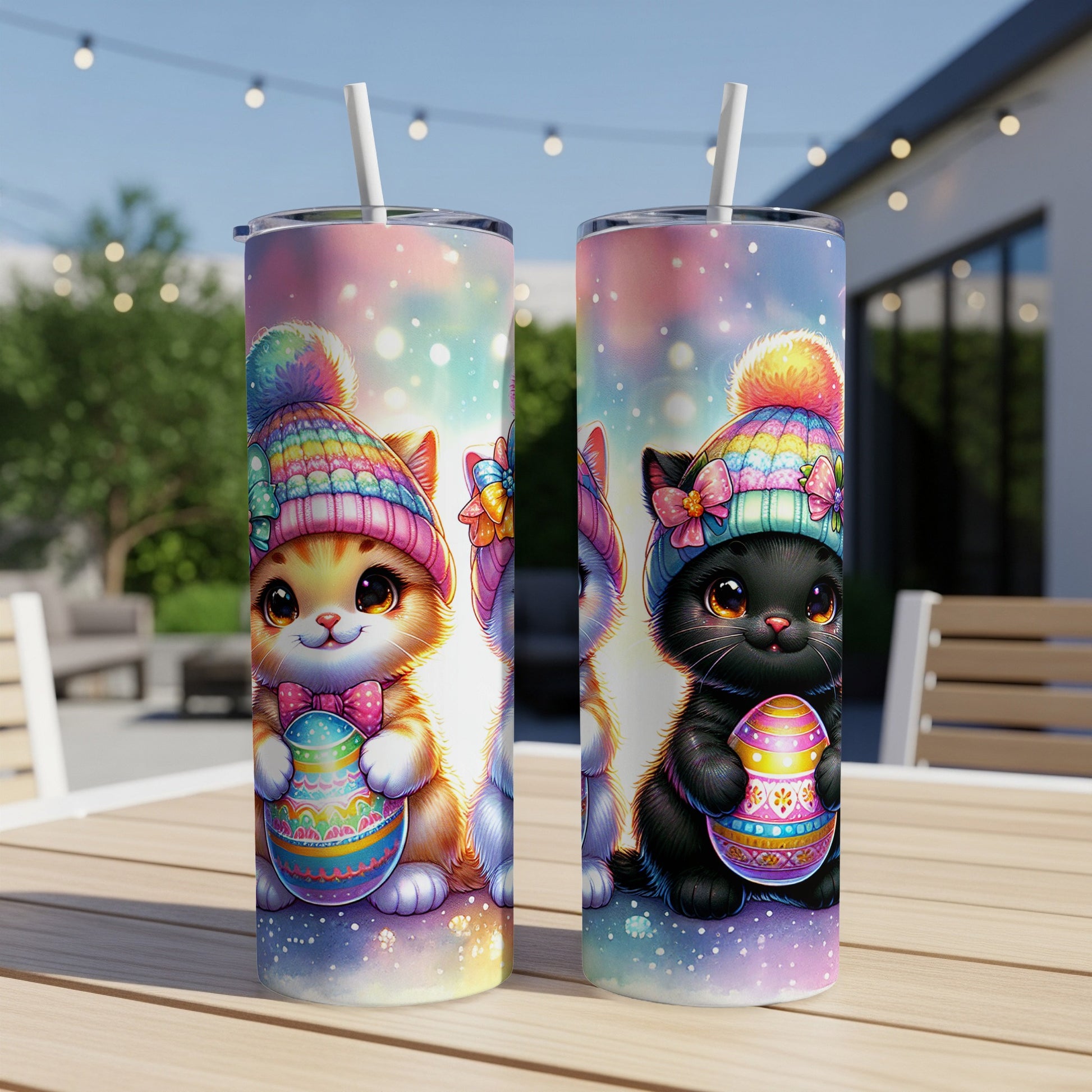 Two cartoon kittens in hats hold colorful Easter eggs.