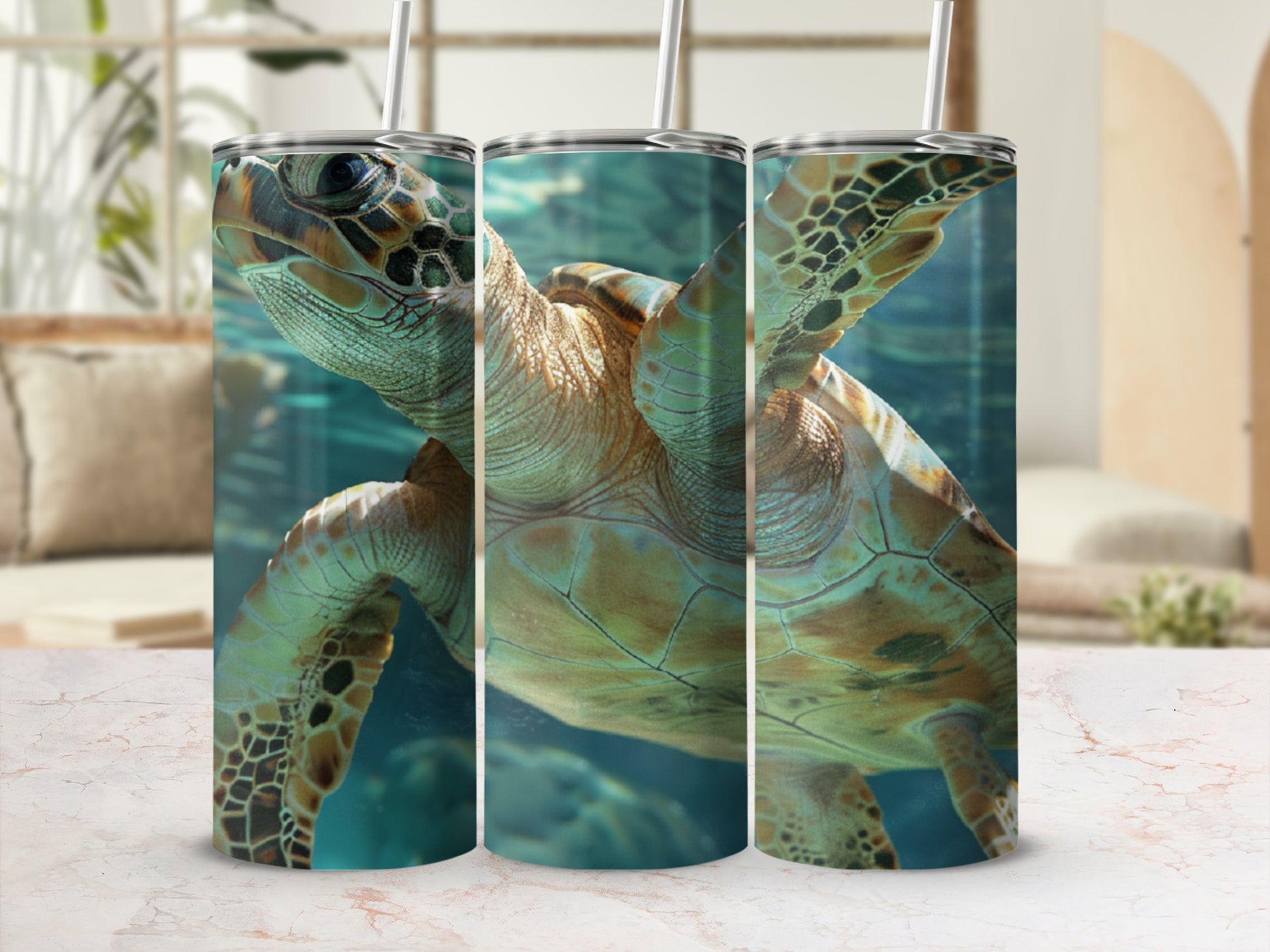 Sea turtle swimming underwater, depicted on a tumbler with a marble background.