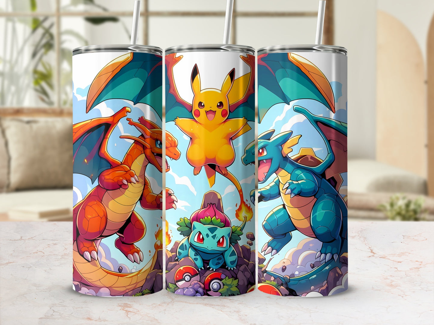Vibrant Pikachu Charizard Design Travel Mug Collection